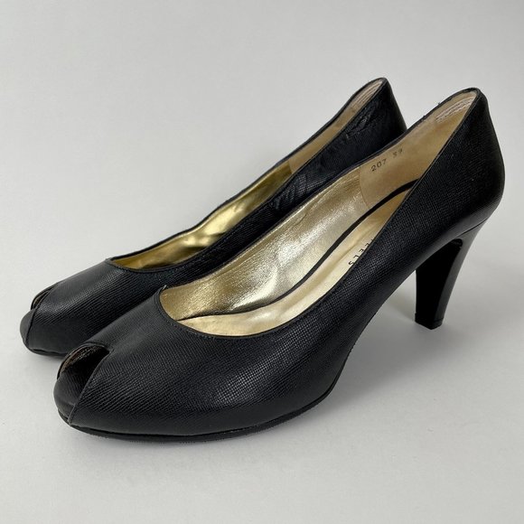 Ron White All Day Heels Black Leather Peeptoe Peep Toe Pumps, Size 39 (8.5) - Picture 1 of 10